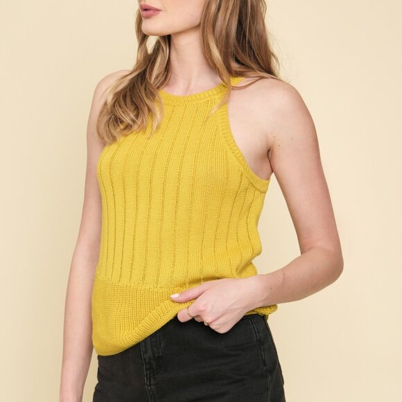MYSTREE Mustard Yellow Ribbed Knit Halter Tank Top, High Neck Sleeveless Sweater - Picture 3 of 7